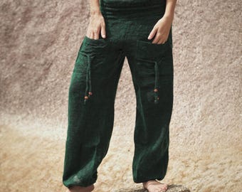 Warm vegan friendly trousers, green blanket pants with beaded pockets and smock waistband