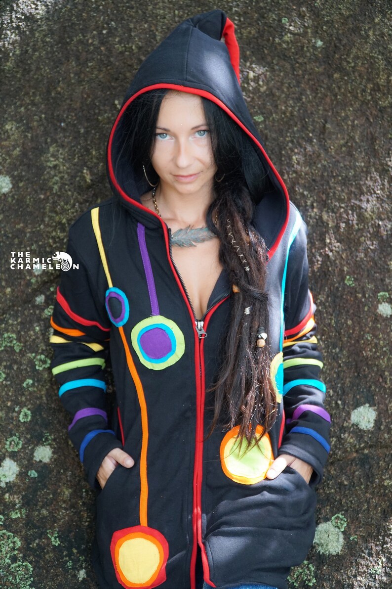 Long Warm Hippie Jacket Hoodie Black Rainbow Coat Fleece Lined Pixie Hood Boho Bohemian Cotton Winter Festival Cozy Wizard Jacket