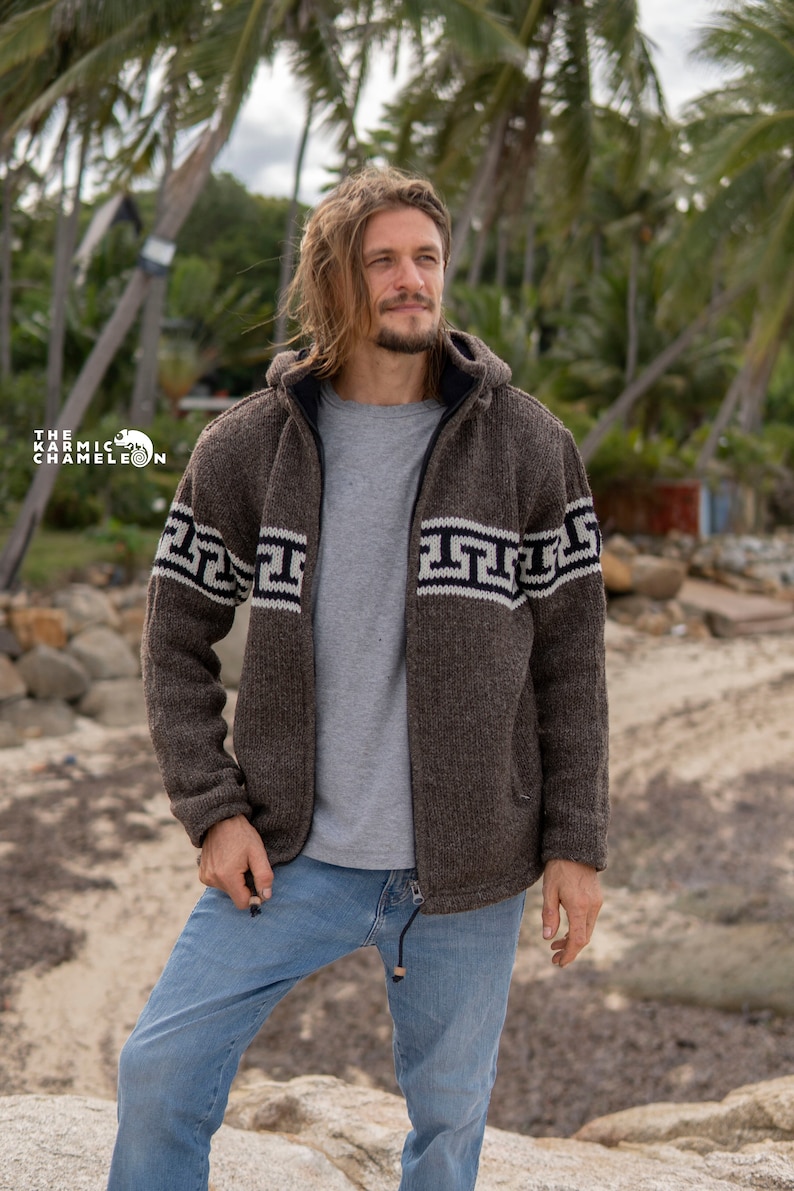 Manteau d'hiver chaud en laine, sweat à capuche épais et doublure en polaire avec fermeture éclair et capuche amovible, manteau bohème hippie, pull marron clair népalais image 6