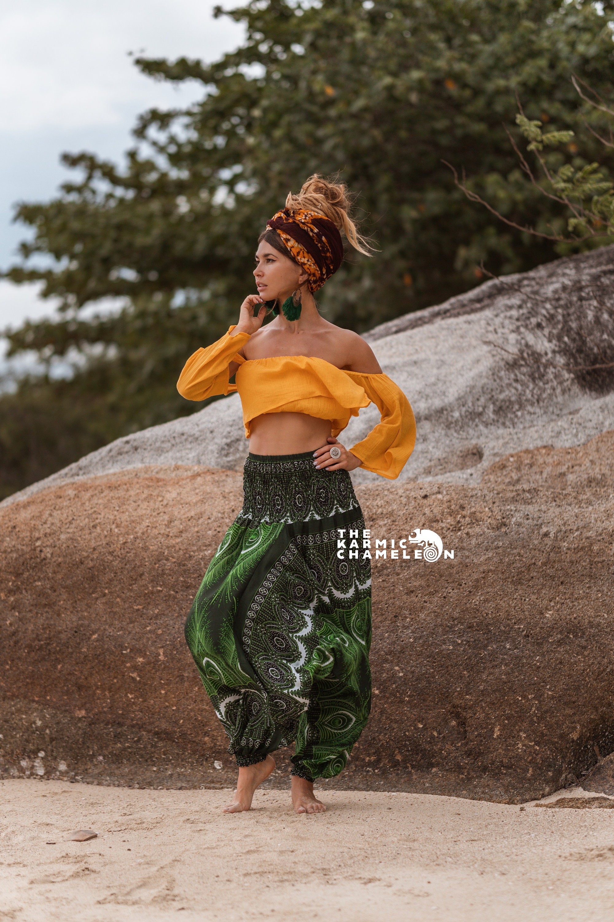 Image of Bright Green Harem Pants Women Peacock Feather Comfy Loungewear Loose Yoga Hippy Hippie Trousers Summer Festival