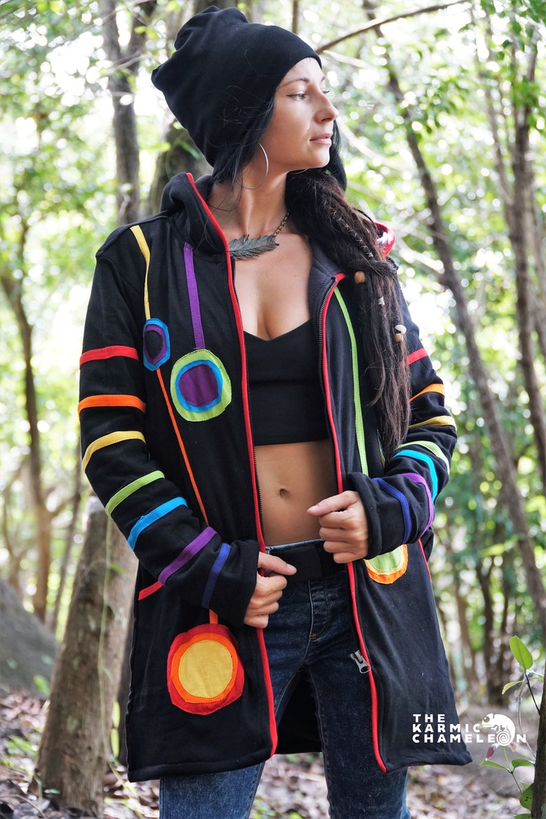 Long Warm Hippie Jacket Hoodie Black Rainbow Coat Fleece Lined Pixie Hood Boho Bohemian Cotton Winter Festival Cozy Wizard Jacket