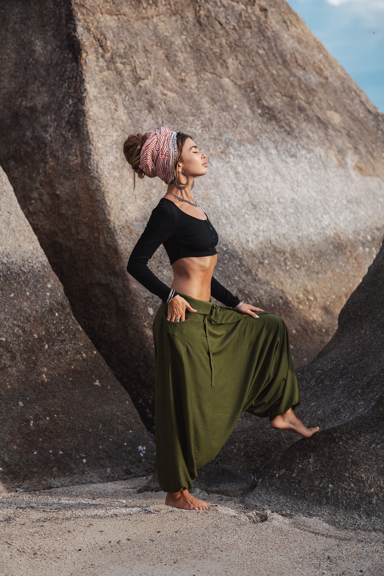 Plain Green Cotton Harem Pants, Loose Earthy Hippie Yoga Trousers 6-12, 14-18