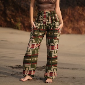 Warm Boho Trousers Green Aztec Patterned Vegan Friendly Hippie Festival Blanket Pants Side Pockets