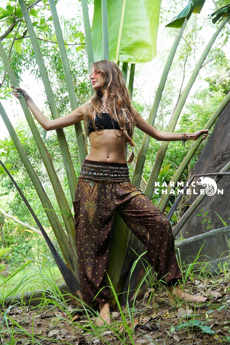 Harem Pants Women Hippie Yoga Pants Brown Peacock Feather Boho Hippie Clothing Comfy Louungewear Gypsy Loose Ladies Baggy Colourful Festival