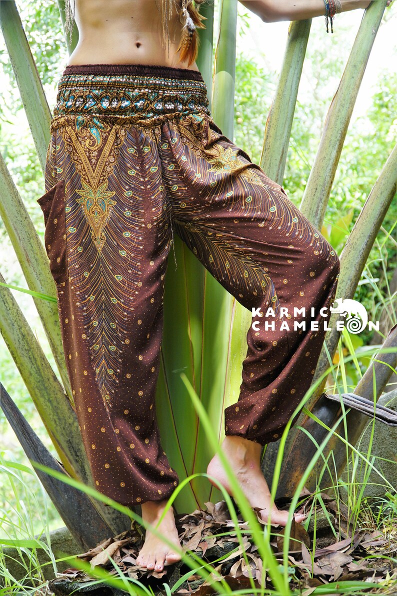 Harem Pants Women Hippie Yoga Pants Brown Peacock Feather Boho Hippie Clothing Comfy Louungewear Gypsy Loose Ladies Baggy Colourful Festival