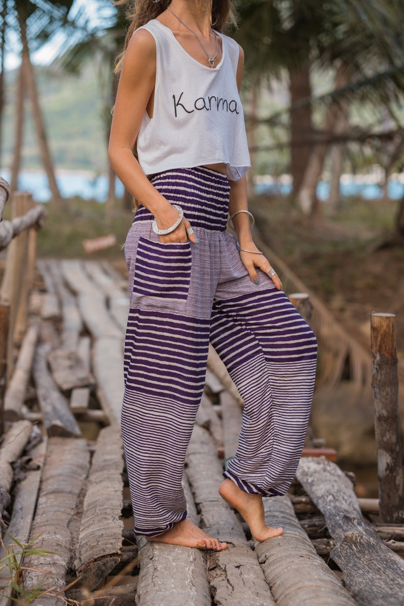 Purple White Striped Harem Pants Women High Crotch Hippie Pants Comfy Loungewear Yoga Trousers Festival Summer Boho Beach image 2