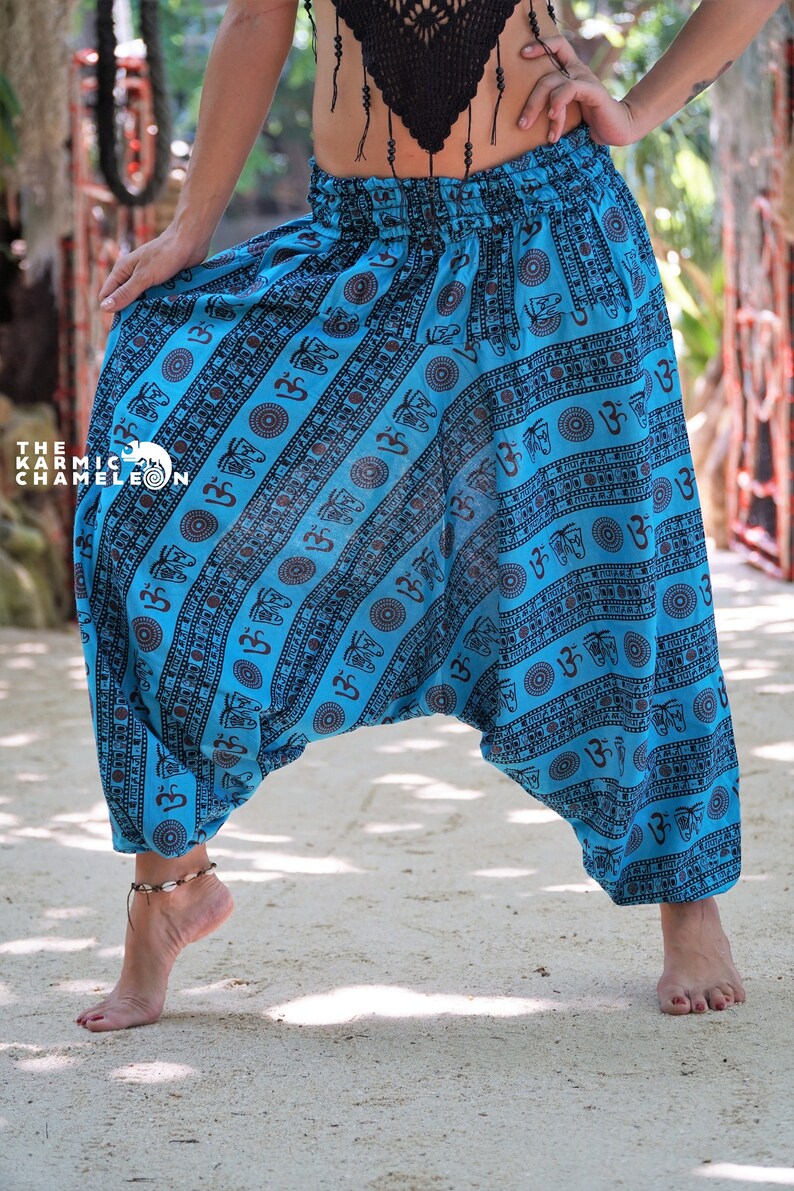 Harem Pants Hippie Pants Yoga Trousers Blue Boho Aladdin Genie Gypsy Loose Ladies Ohm Om Aum Cotton Festival