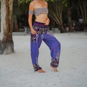 Blue Paisley Harem Pants: Smocked Waist Boho Lounge Trousers