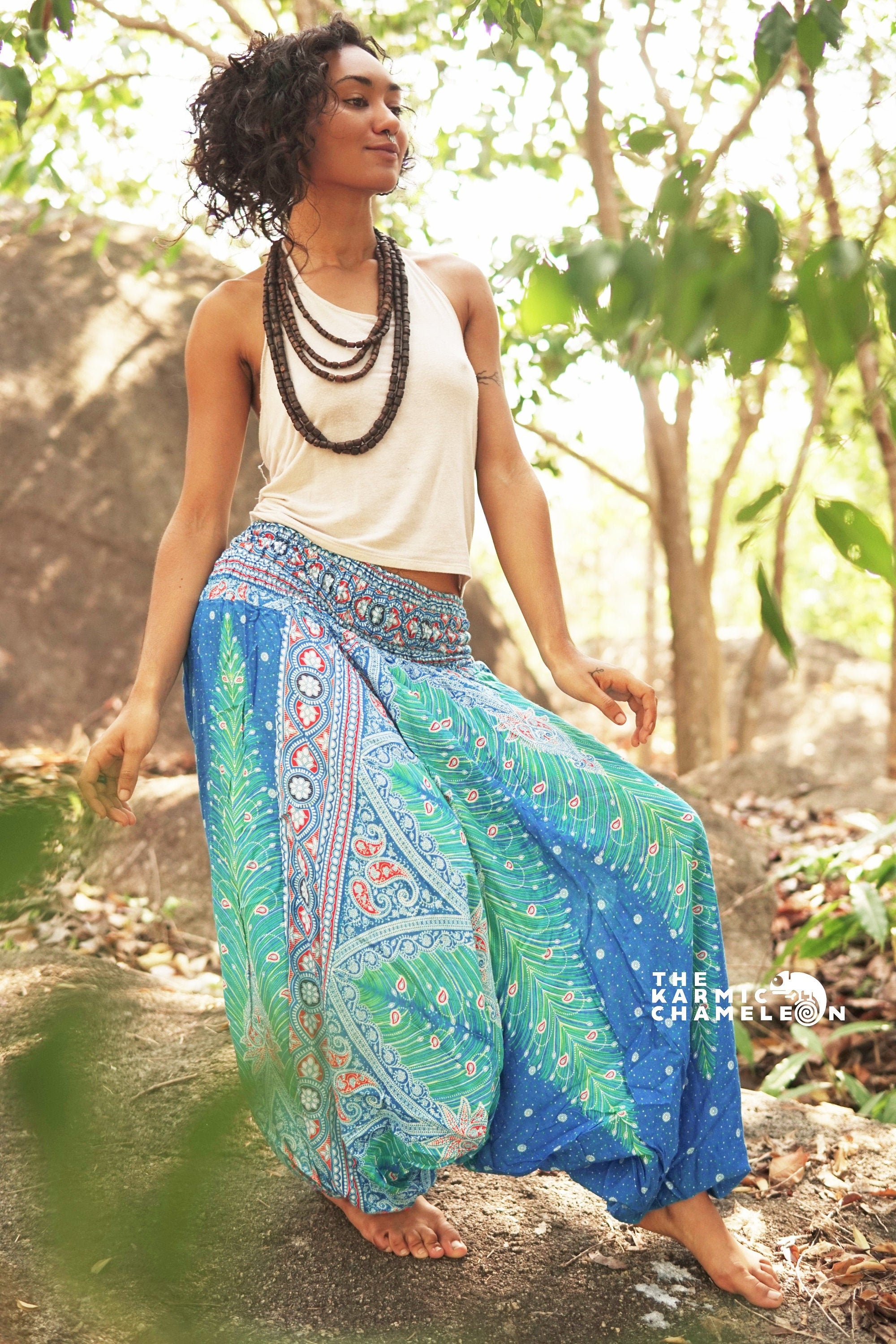 Image of Harem Pants Women Loose Yoga Blue Peacock Feather Comfy Loungewear Hippy Hippie Trousers Summer Festival