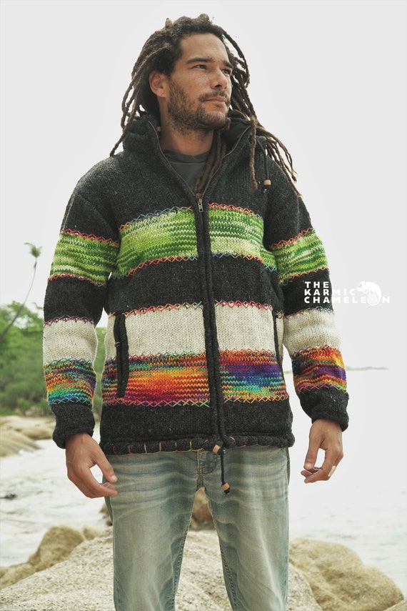 Warm Hippie Jacket Double Knitted Thick Wool Fleece Lined Hoodie
