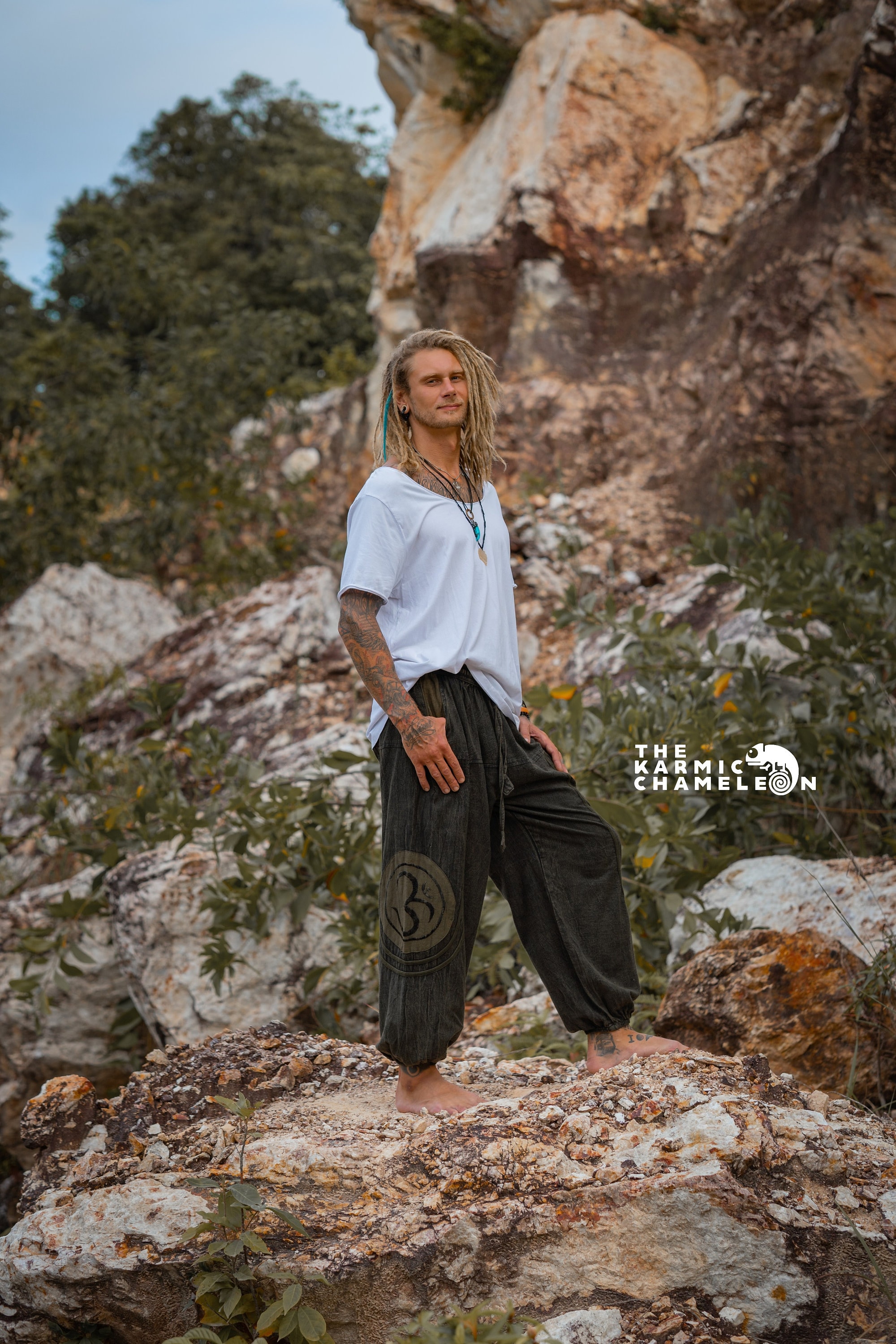 Image of Stonewashed Mens High Crotch Harem Pants Hippie Stonewash Green Om Ohm Symbol Distressed Hippy Skater Yoga Trousers
