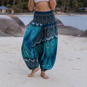 Turquoise Teal Peacock Harem Pants – Aladdin Style Boho Trousers for Yoga, Dance, Festival & Lounge Wear