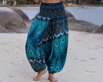 Turquoise Peacock Feather Harem Pants XS-XL