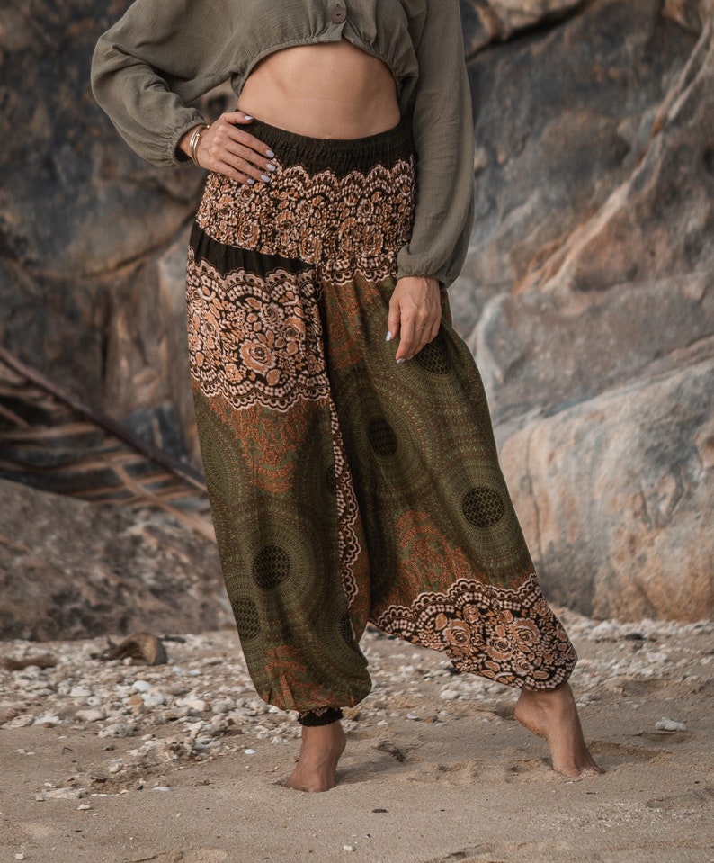 Green Mandala Harem Pants Women Hippie Hippy Yoga Trousers Comfy Gypsy Boho Loose Clothing Baggy Festival Aladdin Genie Pants zdjęcie 7