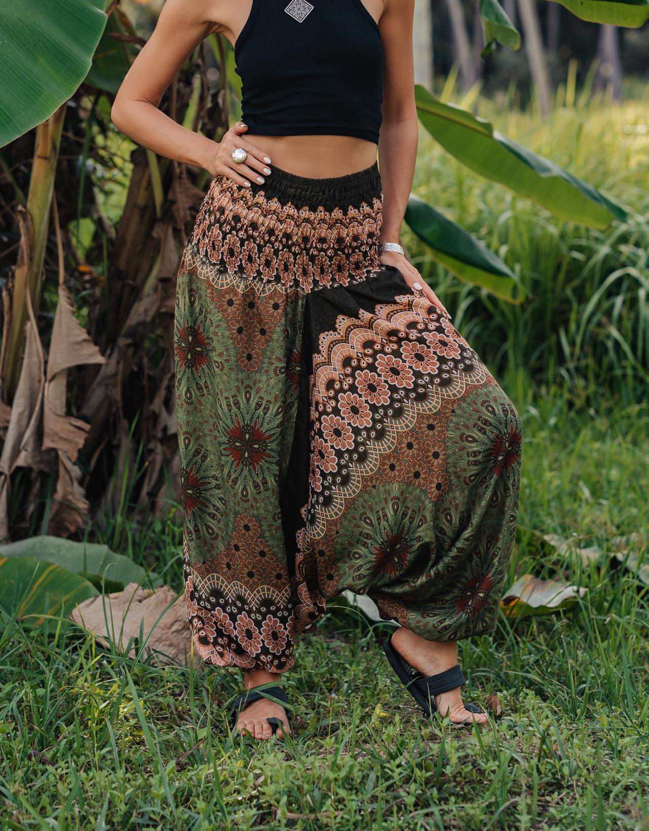 Green harem pants with peacock feather and mandala pattern, Boho hippie summer festival trousers