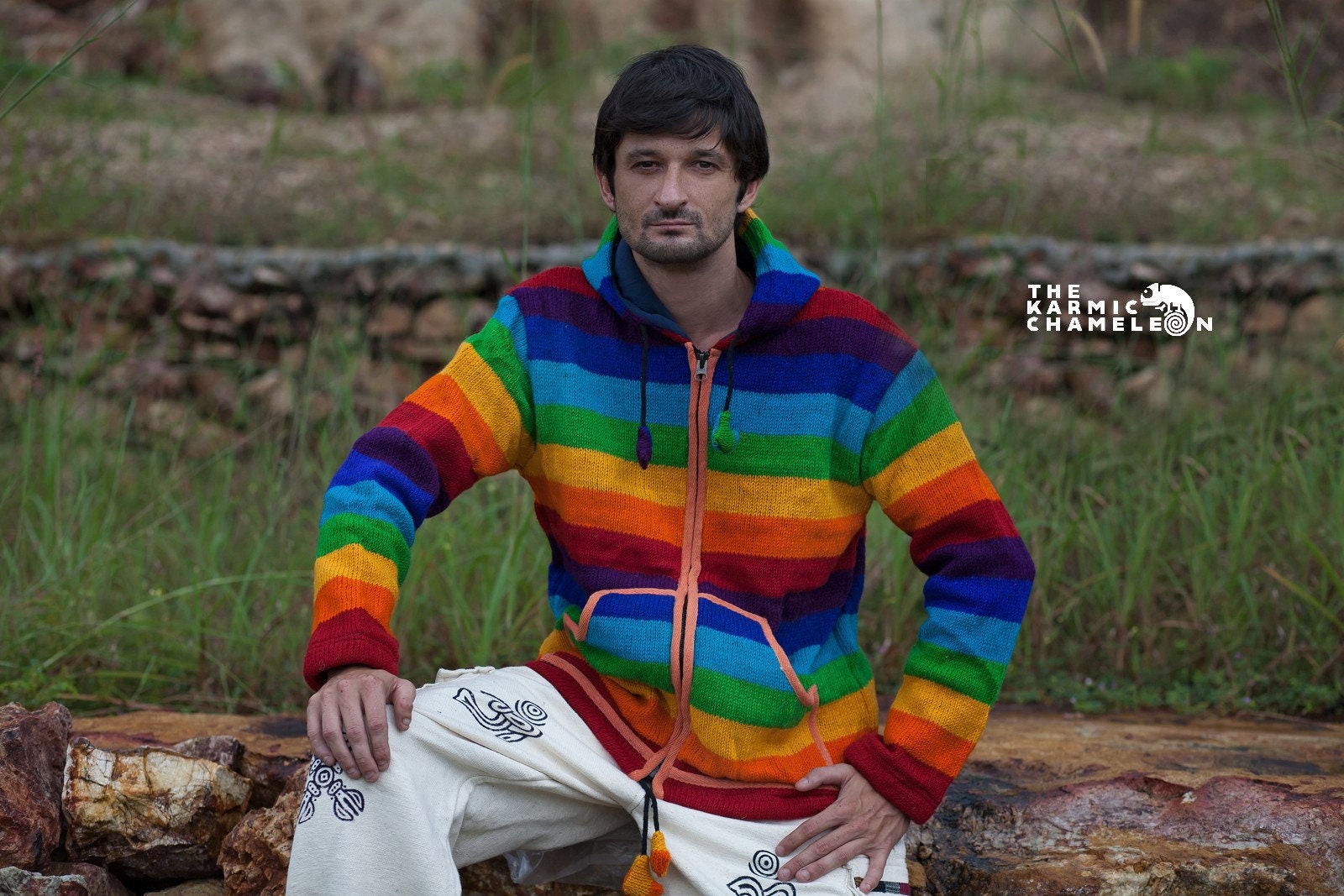 Image of Warm Hippie Rainbow Jacket Knitted Thick Wool Fleece Lined Hippy Clothes Clothing Hoodie Coat Nepali Jumper Zip