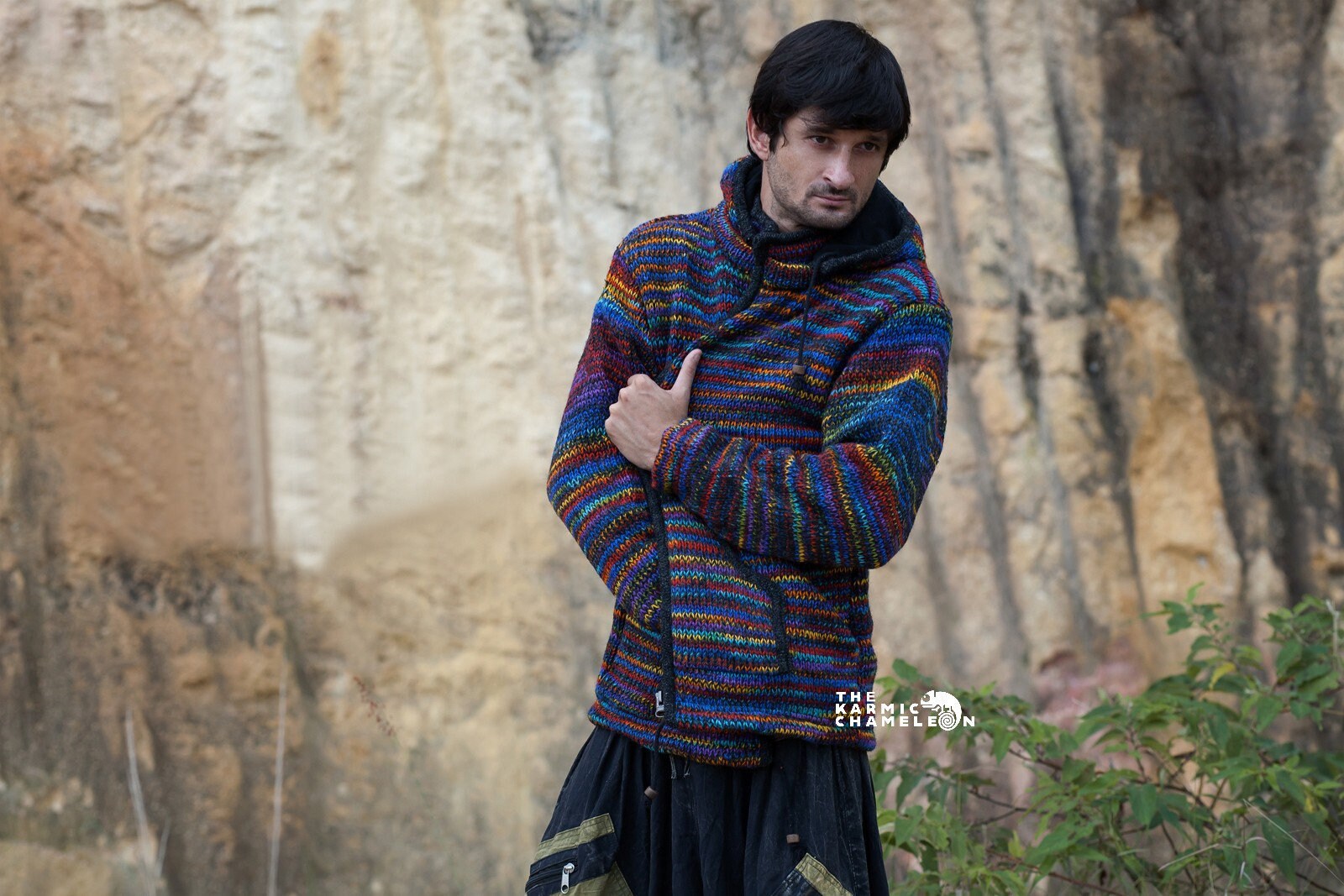 Image of Warm Hippie Jacket Double Knitted Thick Wool Fleece Lined Hippy Clothes Clothing Hoodie Coat Nepali Charcoal Rainbow Grey Jumper Zip