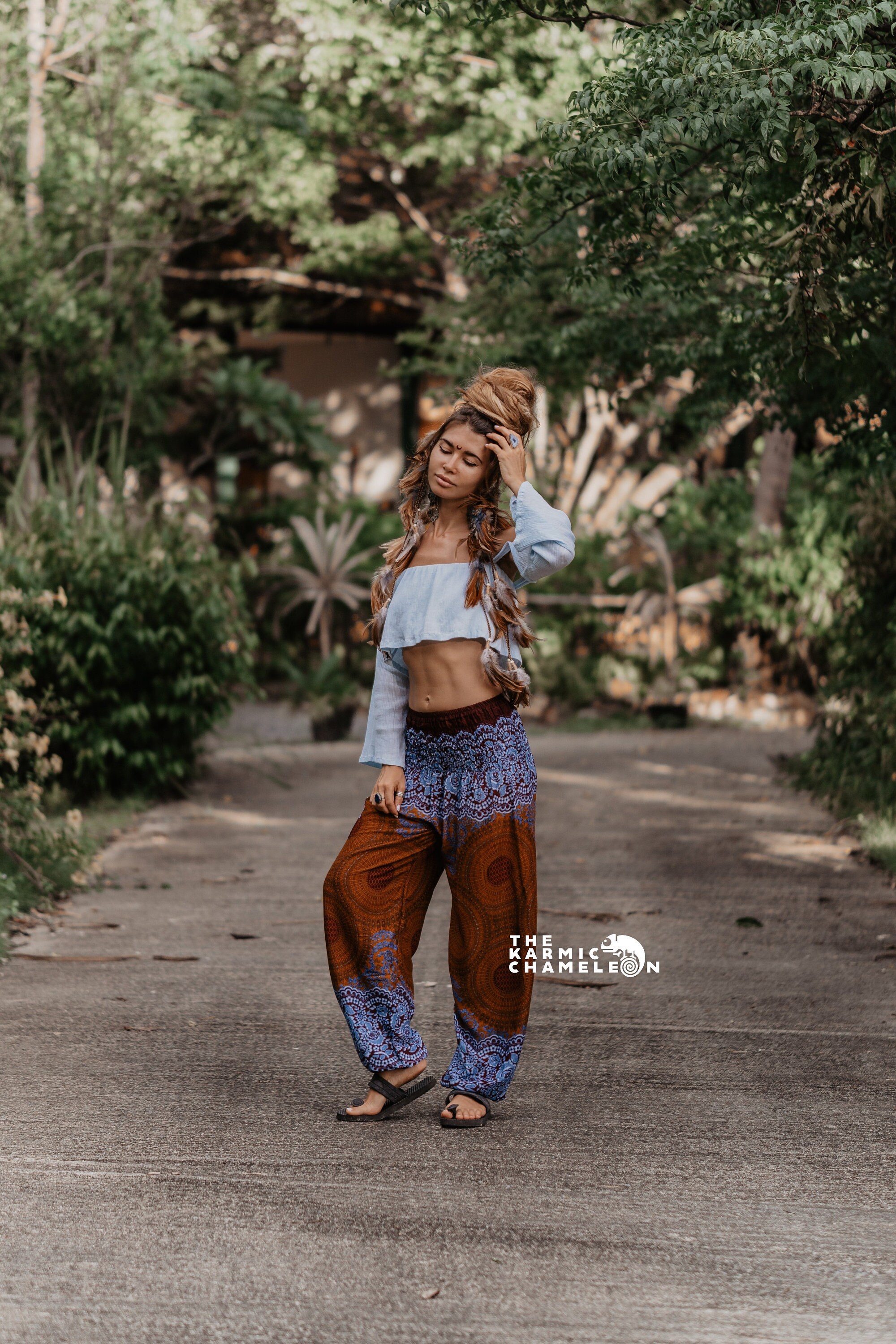Image of Bronze Blue Mandala Harem Pants Women Hippie Brown Comfy Loungewear Yoga Trousers Loose Baggy Festival Summer Boho Beach