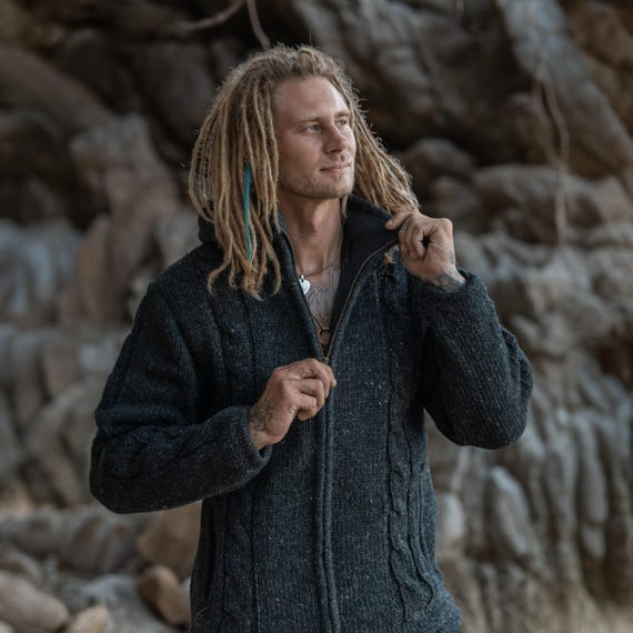 Grey Wool Cable Knit Jacket | Handmade Aran Hooded Zip-Up for Men | Warm Outdoor Knitwear for Walking, Gardening and Chunky Winter Layers