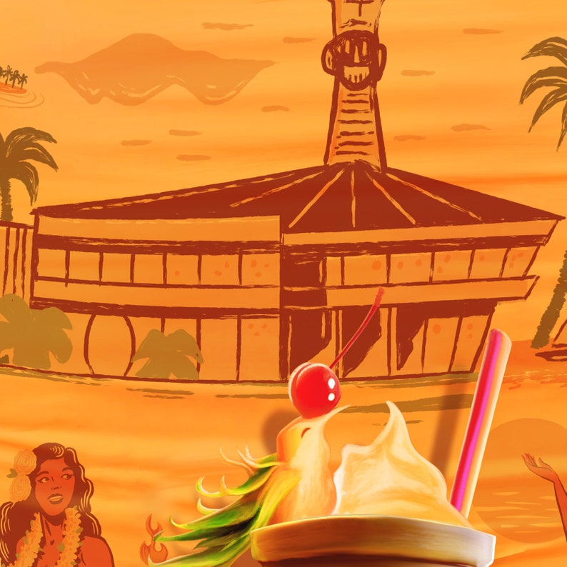 May include: A tropical-themed illustration of a pineapple-shaped cocktail with a cherry on top, a woman in a floral dress, and a building in the background.