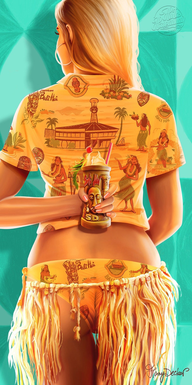 May include: A woman wearing a yellow shirt with a tropical print and a hula skirt. The shirt has the words "Bali Hai" printed on it. She is holding a tiki mug with a whipped cream topping and a cherry.