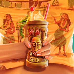 May include: A tiki-style glass with a brown and white design, featuring the text "Bali Hai" and "SD". The glass is filled with a light brown liquid and topped with whipped cream and a cherry.