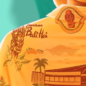 May include: A yellow shirt with a tropical print featuring a tiki head, palm trees, and the text "Shelter Islands Bali Hai".