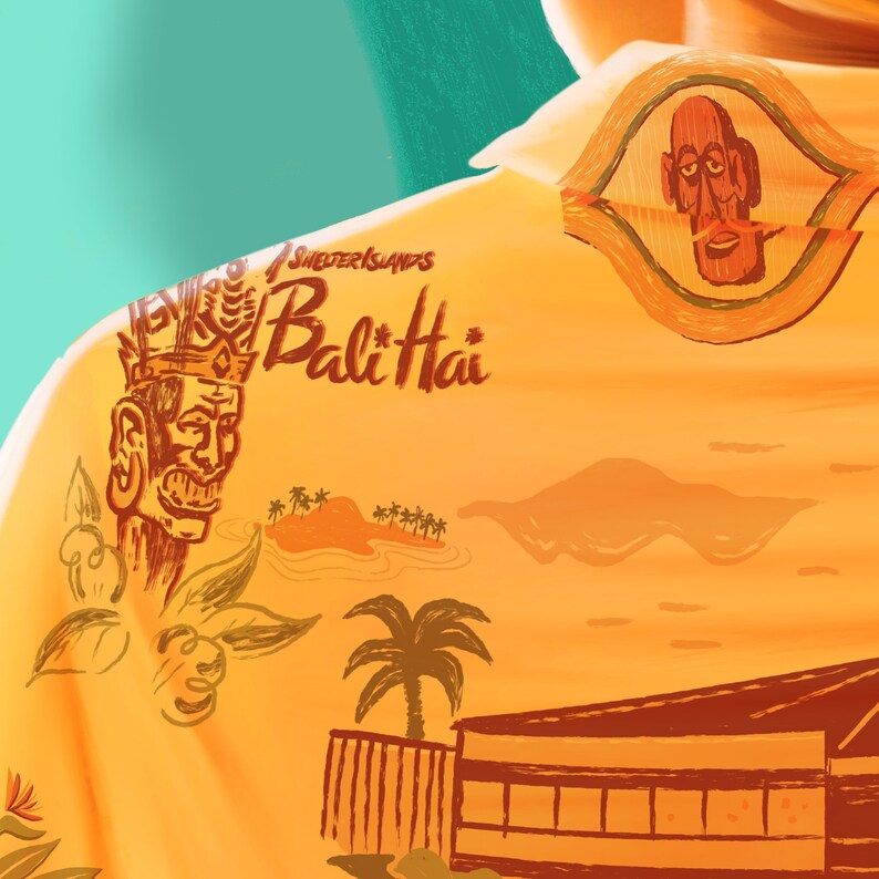 May include: A yellow shirt with a tropical print featuring a tiki head, palm trees, and the text "Shelter Islands Bali Hai".