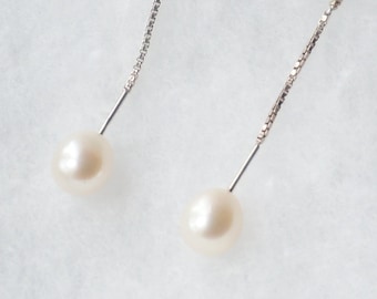 Sterling silver white pearl long threader, Handcrafted unique AAA freshwater pearl drops, Hypoallergenic anti-tarnished 925 silver earrings