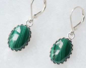 Green malachite Stone Earrings Mother’s Day Gift, Hypoallergenic Sterling Silver, Secure Lever-back Closure No Lost, Elegant