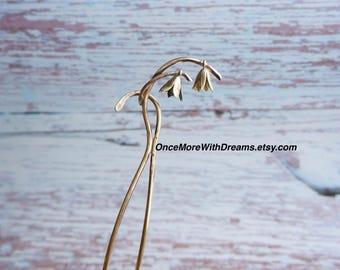 Early Spring Snowdrops Botanical Hair Stick, January Flower Updo Hair Bun Ornament, Sturdy Brass Chignon Holder, Any length  lightweight
