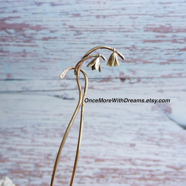 Early Spring Snowdrops Botanical Hair Stick, January Flower Updo Hair Bun Ornament, Sturdy Brass Chignon Holder, Any length  lightweight