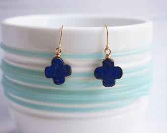 Bright Lapis Lazuli Clover Shaped Earrings, Anti-tarnished 14k Gold Filled or Sterling Silver, Unique Traditional Good Wish Earrings