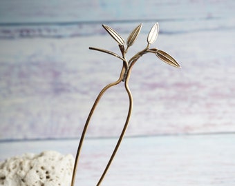 Sage Herb Plant Brass Hair Pin, Sturdy Chignon Holder, Functional and Decorative Hair Accessory, 4” long Hair Ornament