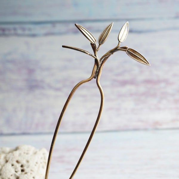 Sage Herb Plant Brass Hair Pin, Sturdy Chignon Holder, Functional and Decorative Hair Accessory, 4” long Hair Ornament