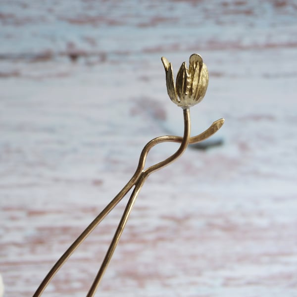 Tulip Flower Hair Pin, Simple Floral Hair Stick, No Bendable Brass Chignon Holder Side Hair Ornament and Decoration 3” 4” 5”