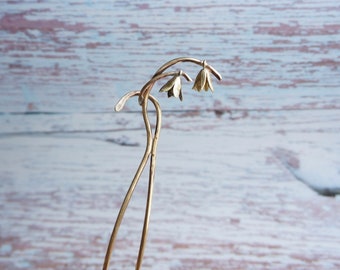 Early Spring Snowdrops Botanical Hair Stick, January Flower Updo Hair Bun Ornament, Sturdy Brass Chignon Holder Short Medium Long length