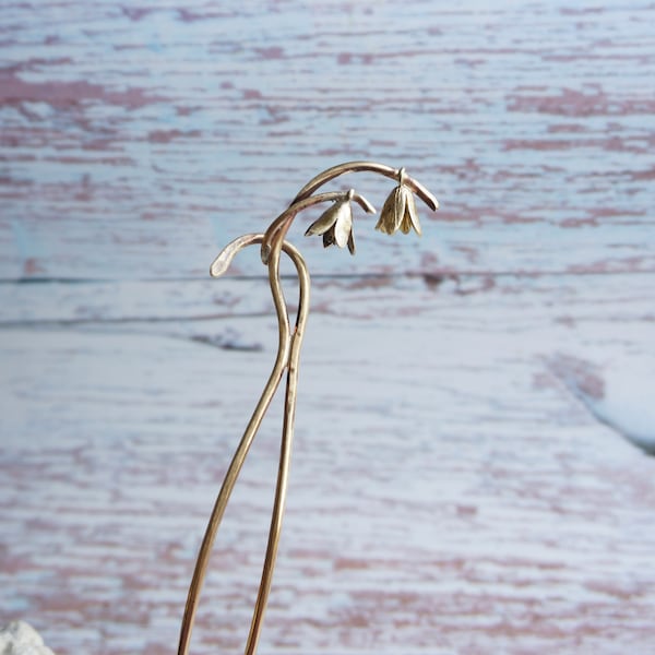 Early Spring Snowdrops Botanical Hair Stick, January Flower Updo Hair Bun Ornament, Sturdy Brass Chignon Holder Short Medium Long length