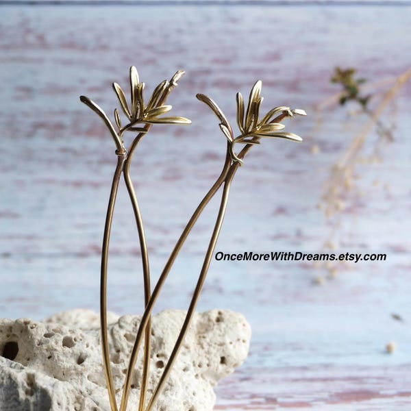 Rosemary Plant Brass Hair Pin Set, Chignon Holder Ornament, Unique Hair Prongs, Sturdy Metal Hair Fork Short Medium Long Length lightweight