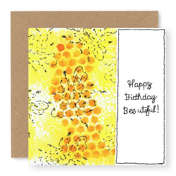 Bee Birthday Card, Bumble Bee Card, Printed from original freehand embroidered artwork, Happy Birthday Bee-utiful, (BD58)