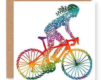 Female Cyclist, Cycling Card, Cycling Birthday Card, Girl on Bike, Embroidery Art Card, Printed from Original Embroidery Design, (IN001)