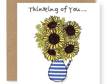 Thinking of You Card, Sunflower Thinking of Your Card, Get Well Soon Card, Printed from Original Free Motion Embroidery Design, (GC47)