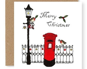 Christmas card, Post Box Christmas Card, Robin Posting a Christmas Card, Printed from original Free Motion Embroidered Artwork, (XMS20)