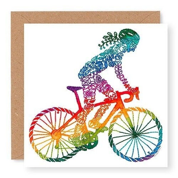 Female Cyclist, Cycling Card, Cycling Birthday Card, Girl on Bike, Embroidery Art Card, Printed from Original Embroidery Design, (IN001)