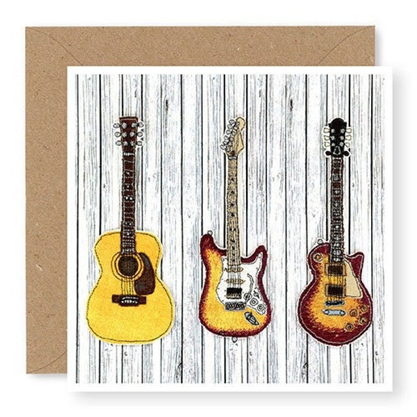 Guitar card, Birthday card, Blank music card, Embroidery Art Card, Acoustic Guitar Card,  Electric Guitar Card, Printed Card, (GC22)