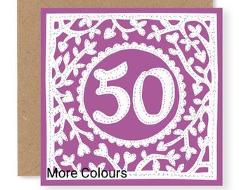 50th Birthday Card, Women's age 50 birthday card, Men's age 50 birthday card, Printed from Original Free Motion Embroidery Design, (BD69)