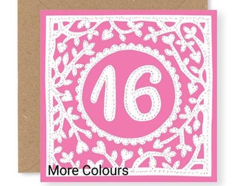 Girls 16th birthday card, Pink Girls birthday card, Age 16 card, Printed from Original Free Motion Embroidery Design, (BD61)