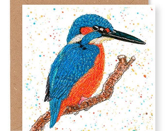 Kingfisher Illustration, Kingfisher Embroidery Art Card, Wildlife Card, Printed from Original Free Motion Embroidery Artwork, (IW11)
