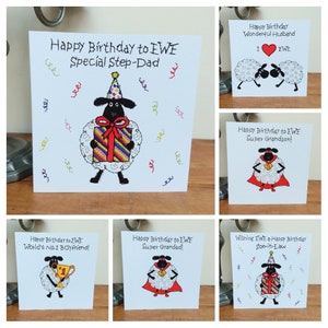 May include: Six different birthday cards featuring a black sheep with different accessories and text. The cards have a white background with colorful confetti. The text on the cards reads: "Happy Birthday to EWE Special Step-Dad", "Happy Birthday Wonderful Husband I EWE", "Happy Birthday to EWE Super Grandson!", "Happy Birthday to EWE World's No.1 Boyfriend!", "Happy Birthday to EWE Super Grandad!" and "Wishing EWE a Happy Birthday Son-in-Law".
