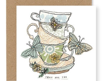 Teacup and Butterfly Birthday Card, Printed from Original Free Motion Embroidery Design, Hand Finished with Gems, (GC20)